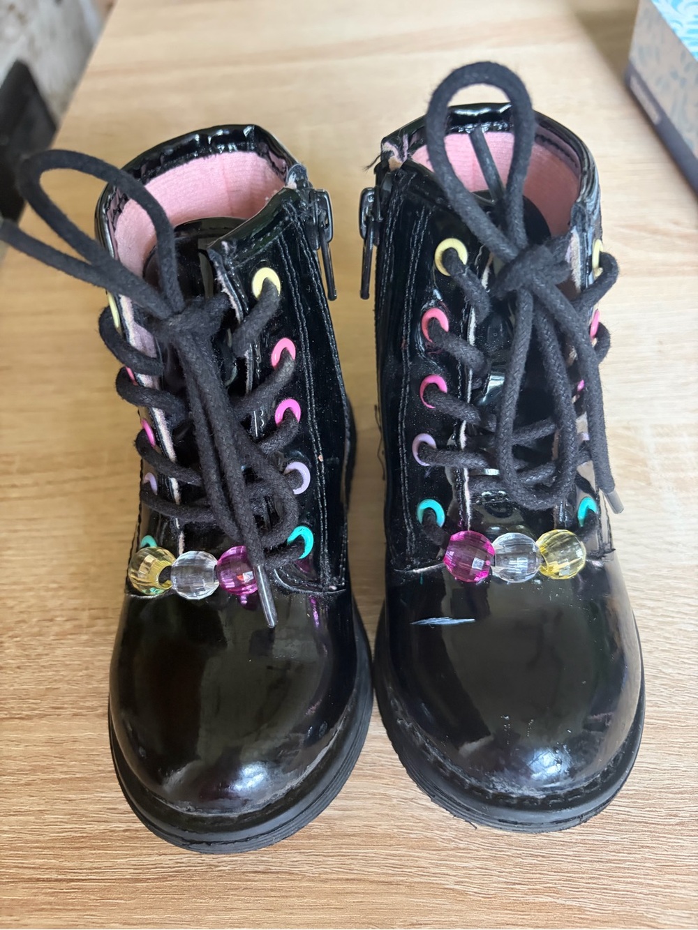 Kids Black Patent Lace-Up Boots with Multicolor Eyelets